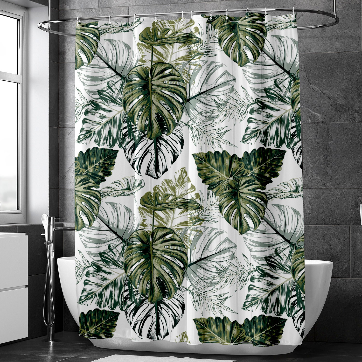 Hand Drawn Monstera Leaf Bath Curtain With Green Leaves For Your Unique Bathroom