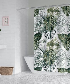 Hand Drawn Monstera Leaf Bath Curtain With Green Leaves For Your Unique Bathroom