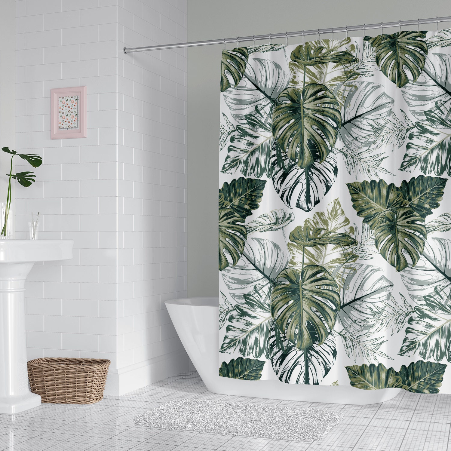 Hand Drawn Monstera Leaf Bath Curtain With Green Leaves For Your Unique Bathroom