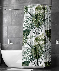 Hand Drawn Monstera Leaf Bath Curtain With Green Leaves For Your Unique Bathroom