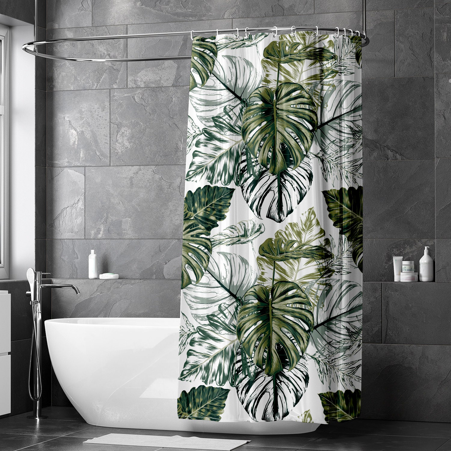 Hand Drawn Monstera Leaf Bath Curtain With Green Leaves For Your Unique Bathroom