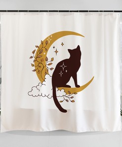 Hand Drawn Moony Black Cat Shower Curtain - Crescent Moon Ivy Plant Art Illustration For Bathroom