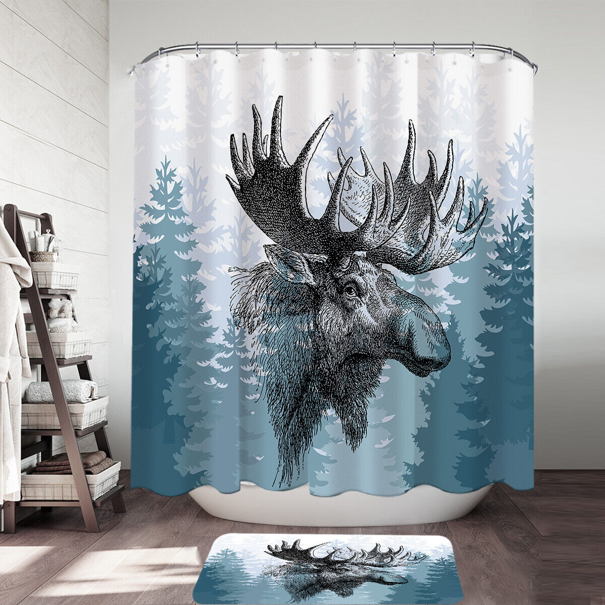 Hand Drawn Moose Wildlife Shower Curtain for Bathroom
