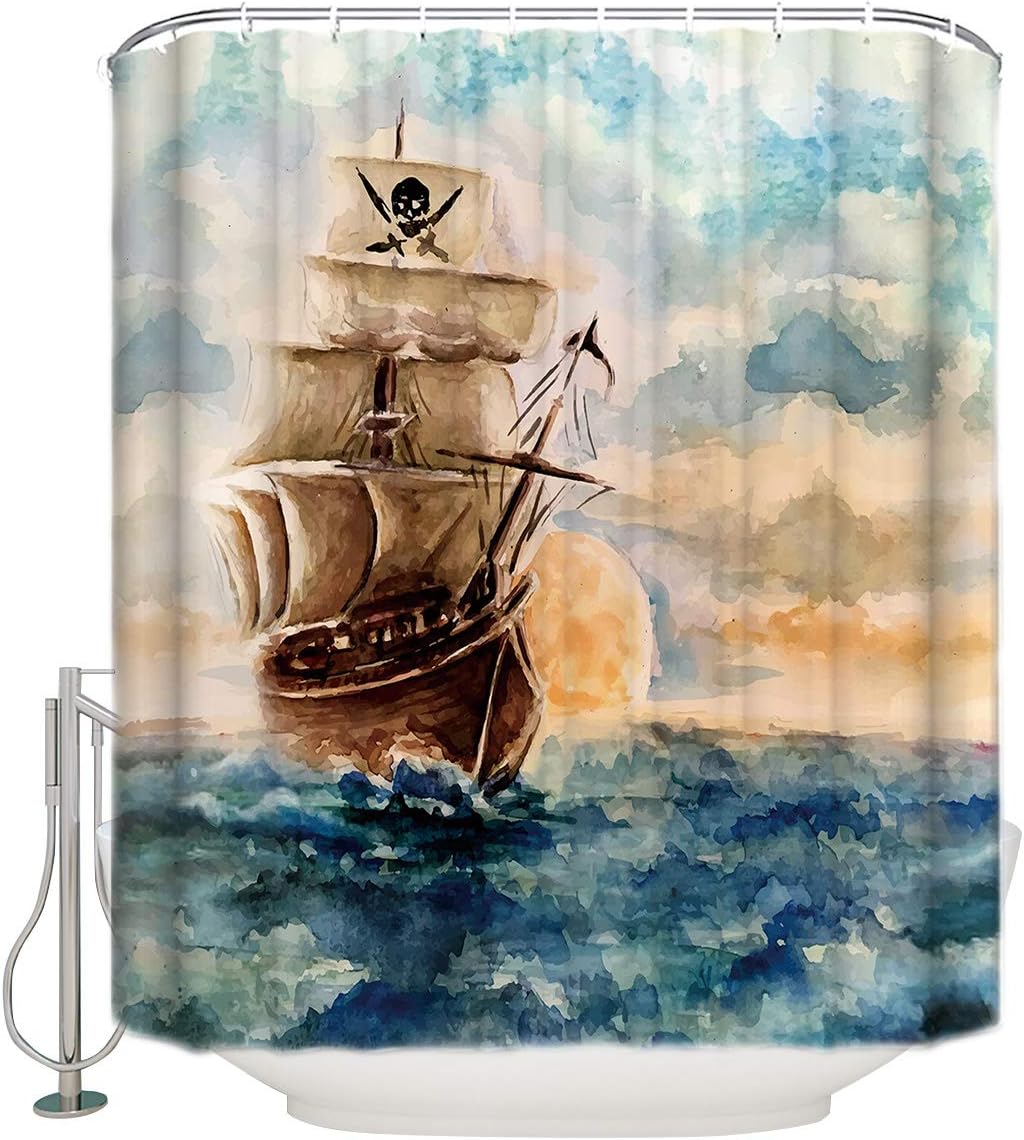 Hand Drawn Pirate Ship Fabric Shower Curtain, Vintage Bathroom Decor