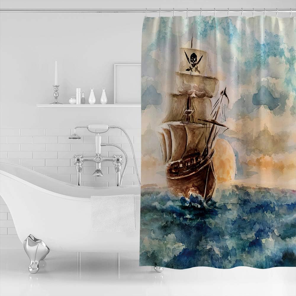 Hand Drawn Pirate Ship Fabric Shower Curtain, Vintage Bathroom Decor