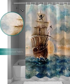 Hand Drawn Pirate Ship Fabric Shower Curtain, Vintage Bathroom Decor