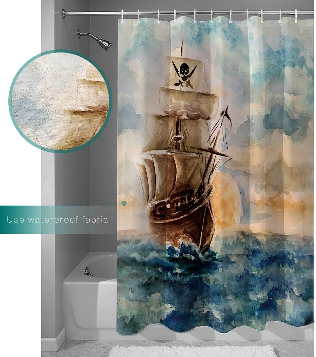 Hand Drawn Pirate Ship Fabric Shower Curtain, Vintage Bathroom Decor