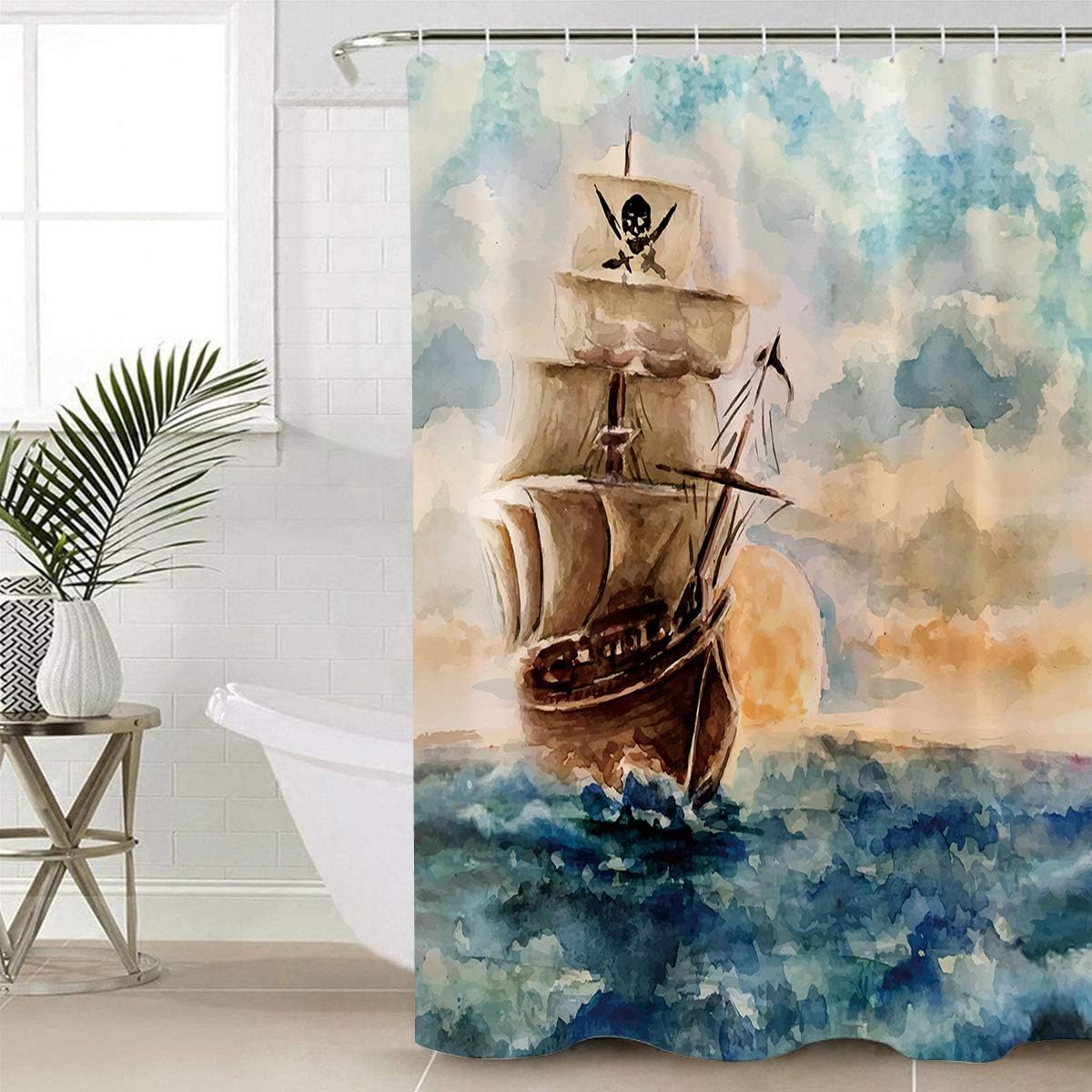 Hand Drawn Pirate Ship Fabric Shower Curtain, Vintage Bathroom Decor