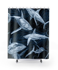 Hand Drawn Shark Design Print Shower Curtain, Contemporary Background for Bathroom Decor