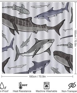 Hand Drawn Sharks Shower Curtain for Bathroom - Creative Shower Curtain Design for Underwater Theme