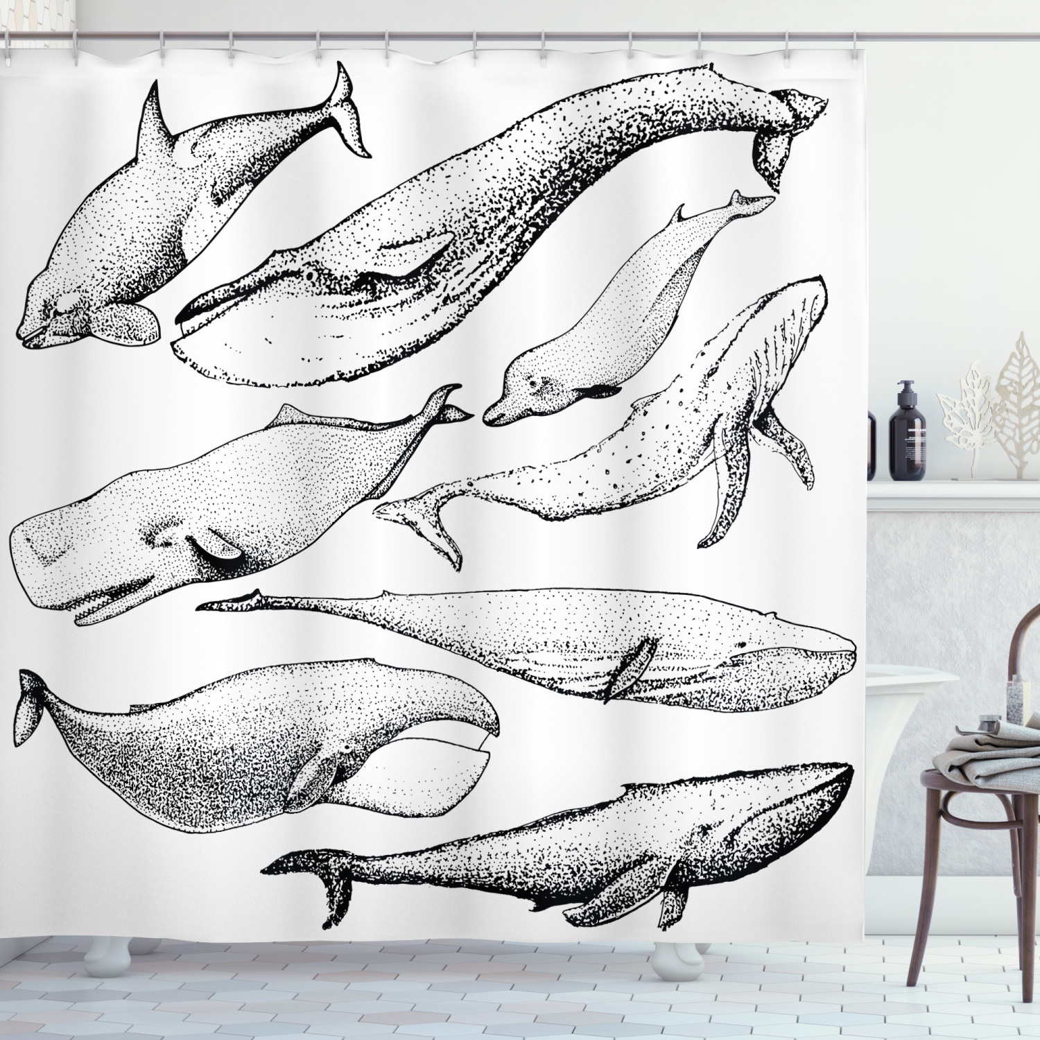 Hand Drawn Single Whale Print Animal Shower Curtain For Bathroom - Image 3