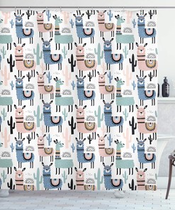 Hand Drawn South American Llamas Shower Curtain With Cartoon Style Design, Cloth Fabric Bathroom Decors, Blush Blue