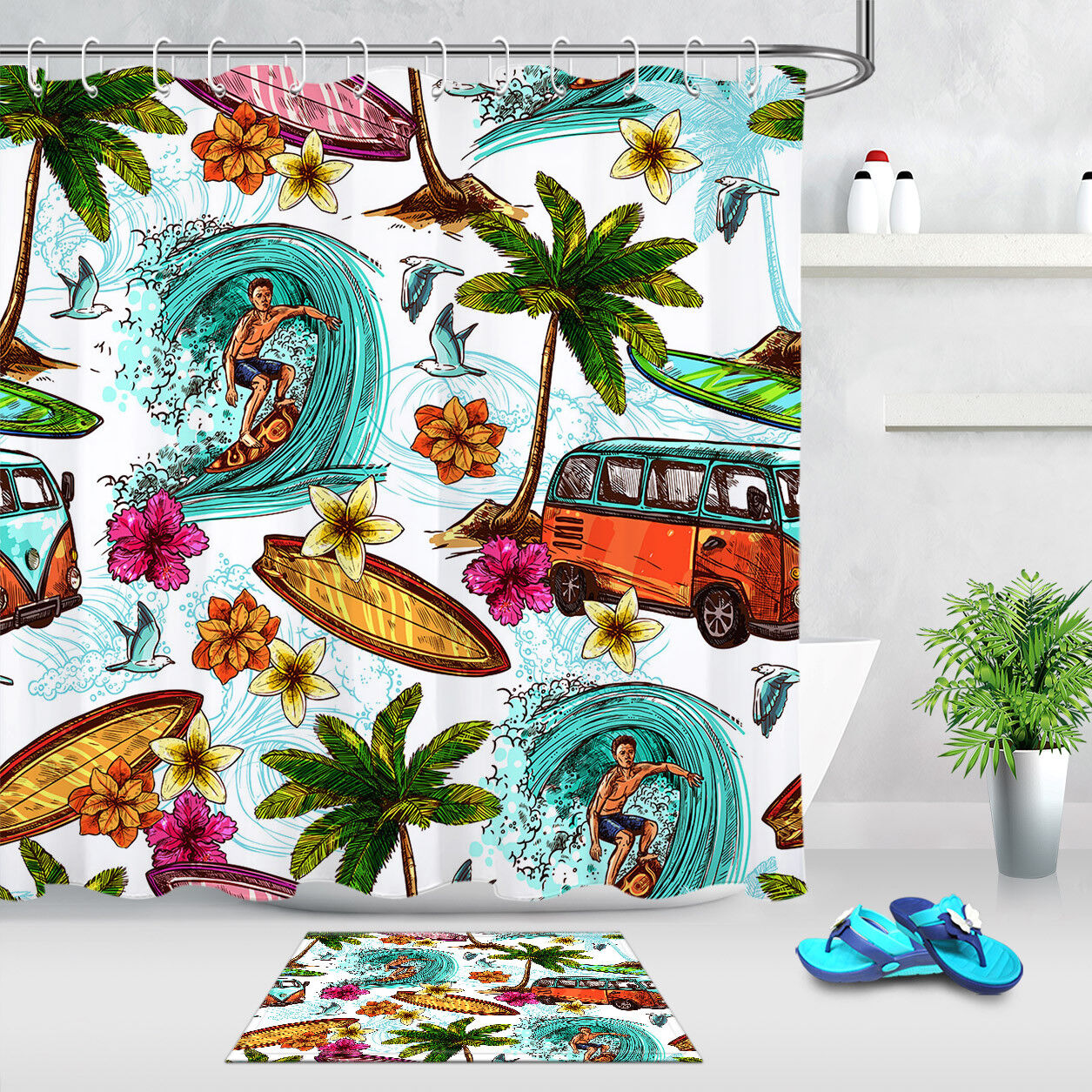 Hand Drawn Surfing Tropical Palm Trees Waterproof Fabric Shower Curtain