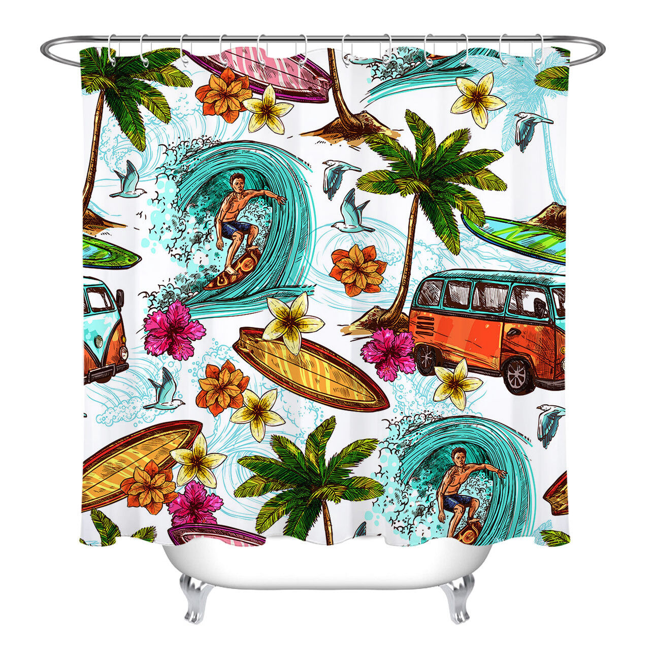 Hand Drawn Surfing Tropical Palm Trees Waterproof Fabric Shower Curtain - Image 2