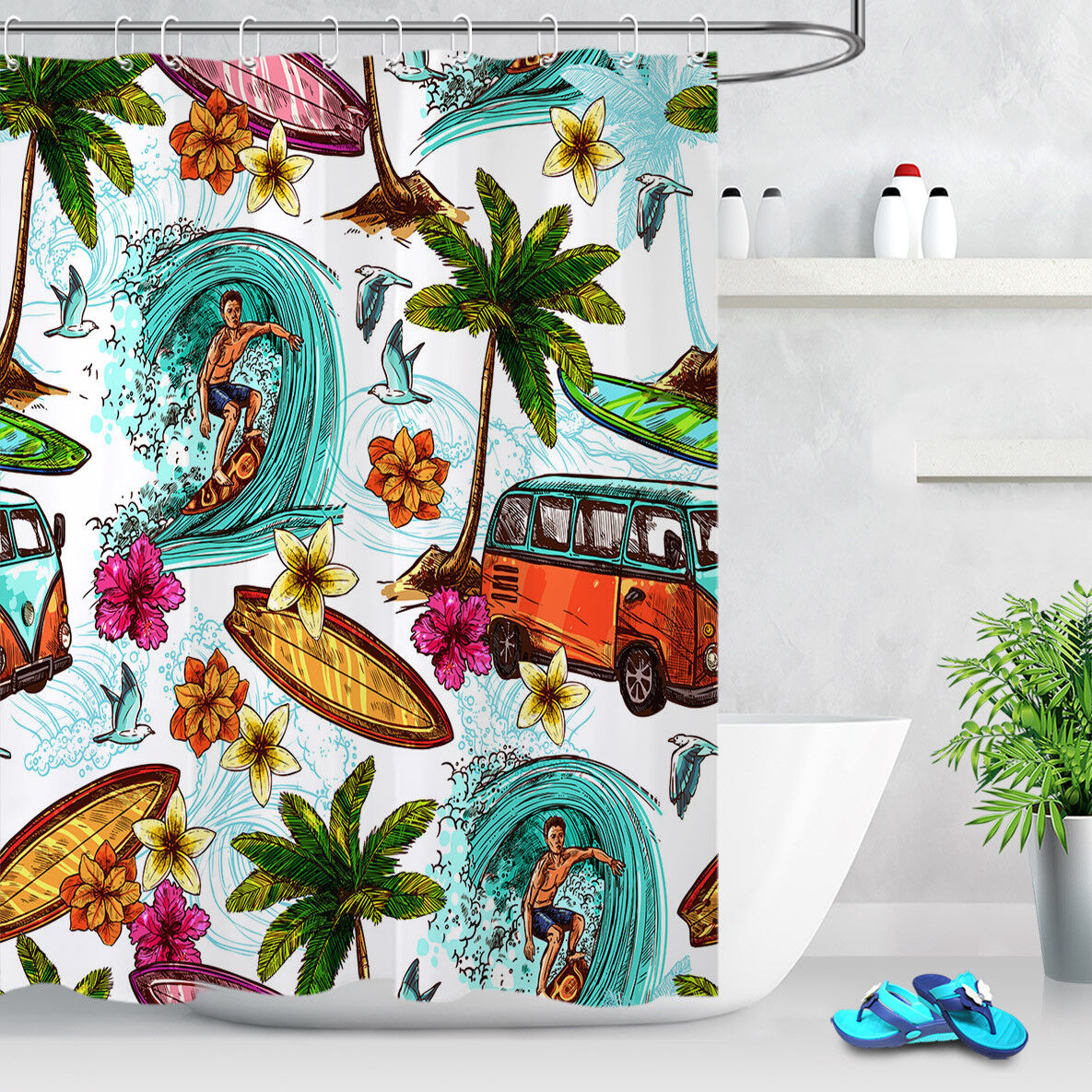 Hand Drawn Surfing Tropical Palm Trees Waterproof Fabric Shower Curtain - Image 3