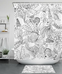 Hand Drawn Tropical Fish and Seaweed Black White Shower Curtain for a Beachy Look
