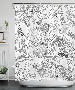 Hand Drawn Tropical Fish and Seaweed Black White Shower Curtain for a Beachy Look