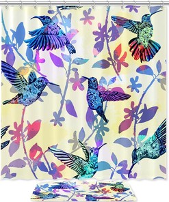 Hand Drawn Tropical Hummingbirds Shower Curtain, Waterproof Bathroom Decor