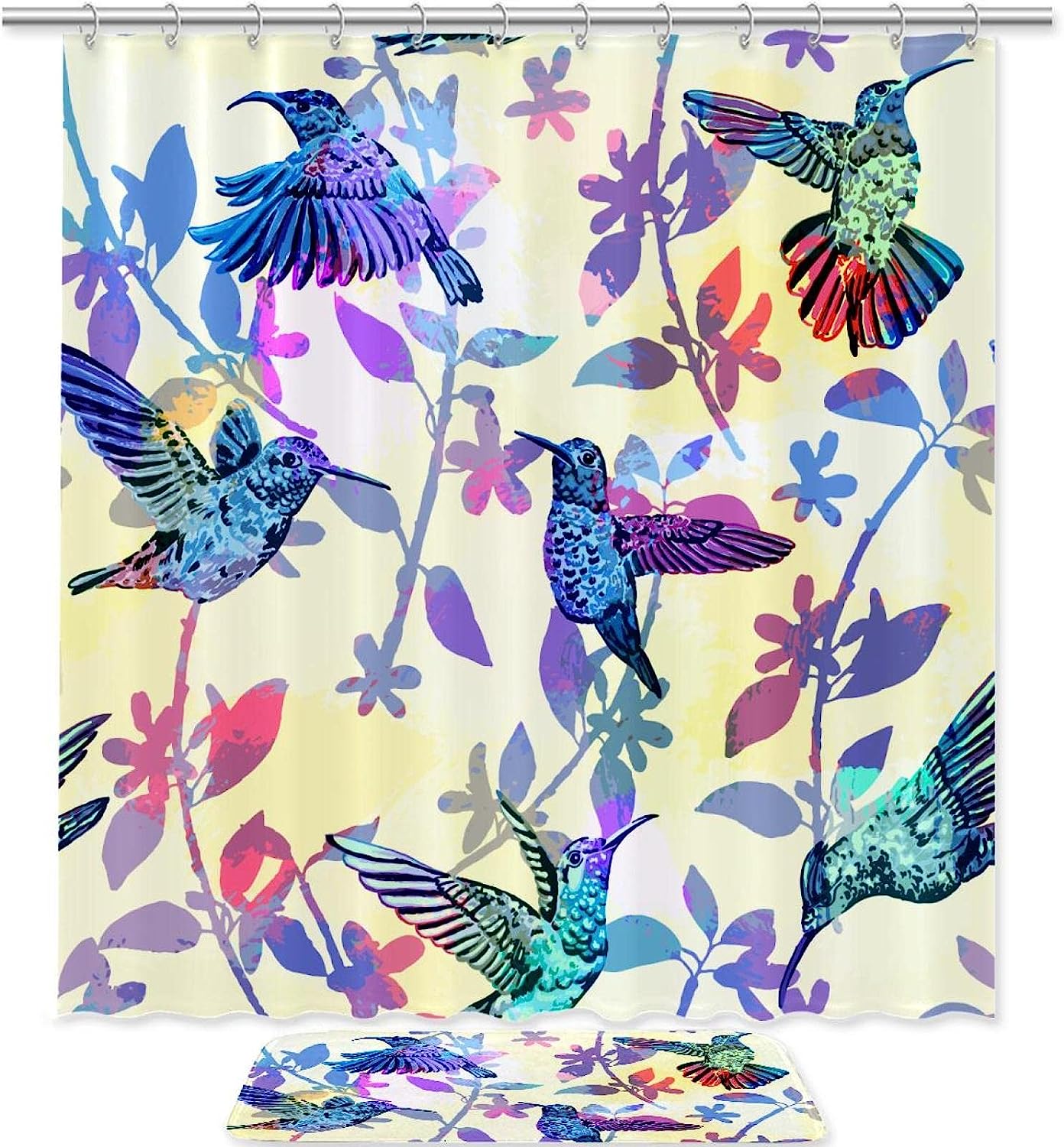 Hand Drawn Tropical Hummingbirds Shower Curtain, Waterproof Bathroom Decor