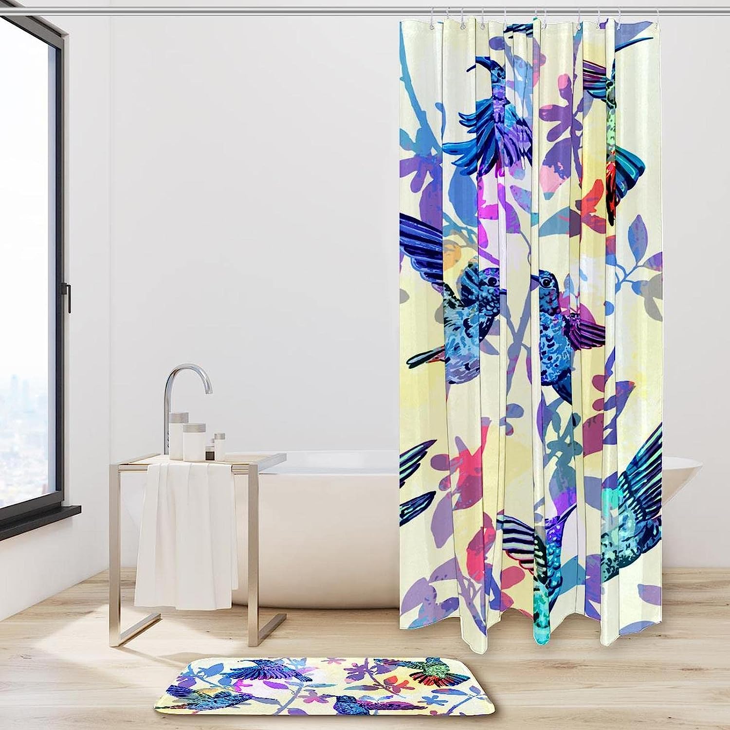 Hand Drawn Tropical Hummingbirds Shower Curtain, Waterproof Bathroom Decor