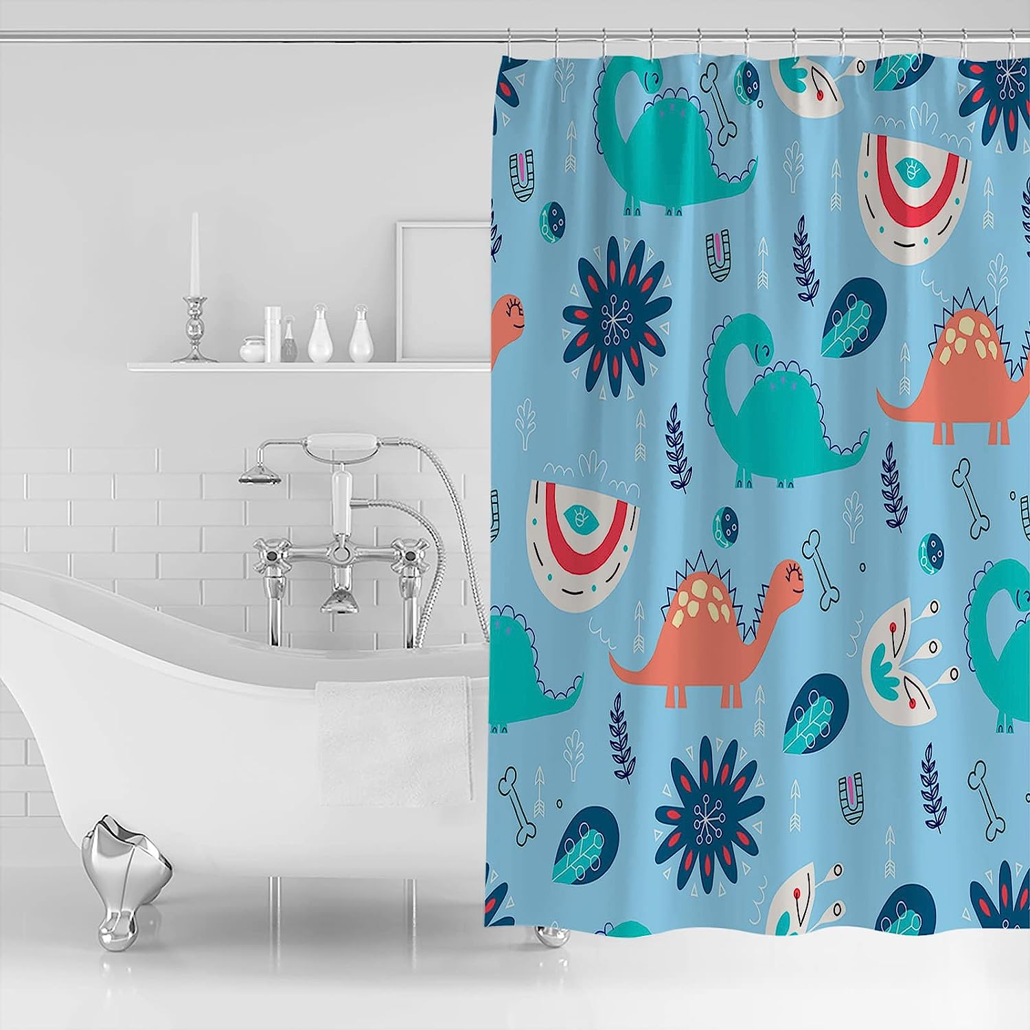 Hand Painted Dinosaur Shower Curtain - Waterproof Fabric for Bathroom Bathtubs