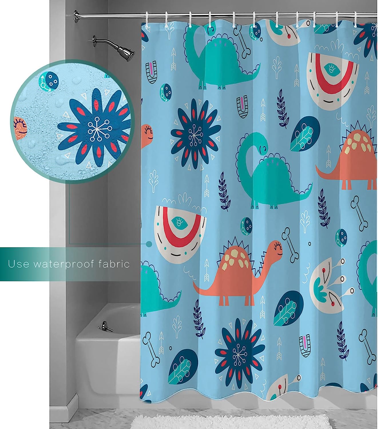 Hand Painted Dinosaur Shower Curtain - Waterproof Fabric for Bathroom Bathtubs