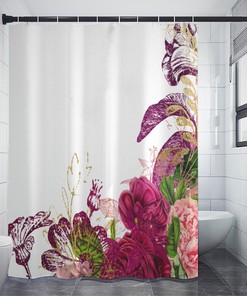 Hand Painted Flower Dark Pink Floral Fabric Shower Curtain For Botanical Bathroom Decor