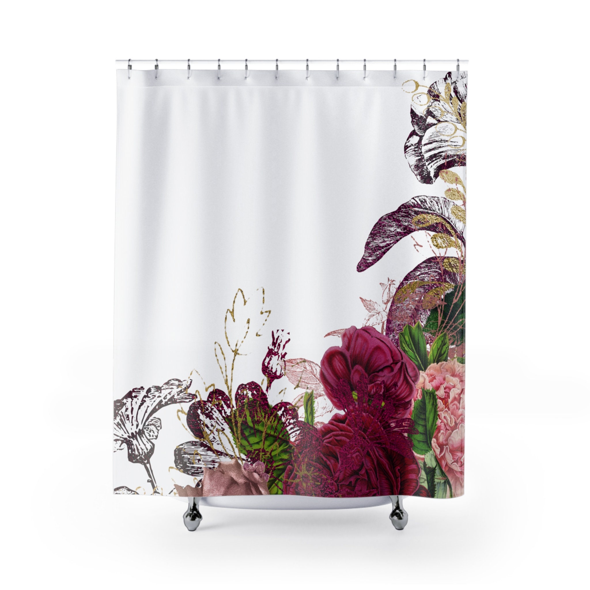 Hand Painted Flower Dark Pink Floral Fabric Shower Curtain For Botanical Bathroom Decor - Image 2