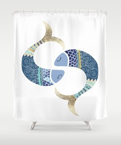 Hand Painted Ocean Sealife Fish Printed Shower Curtain For A Modern Coastal Bathroom Decor