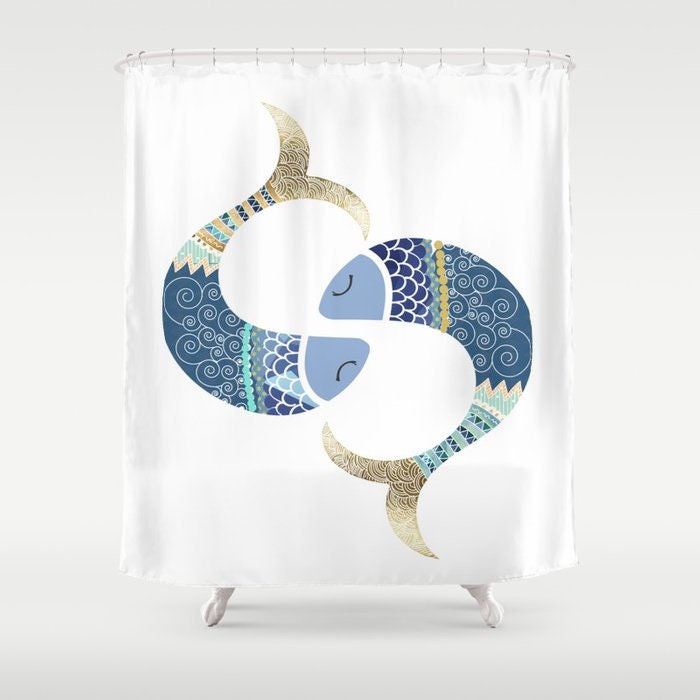Hand Painted Ocean Sealife Fish Printed Shower Curtain For A Modern Coastal Bathroom Decor