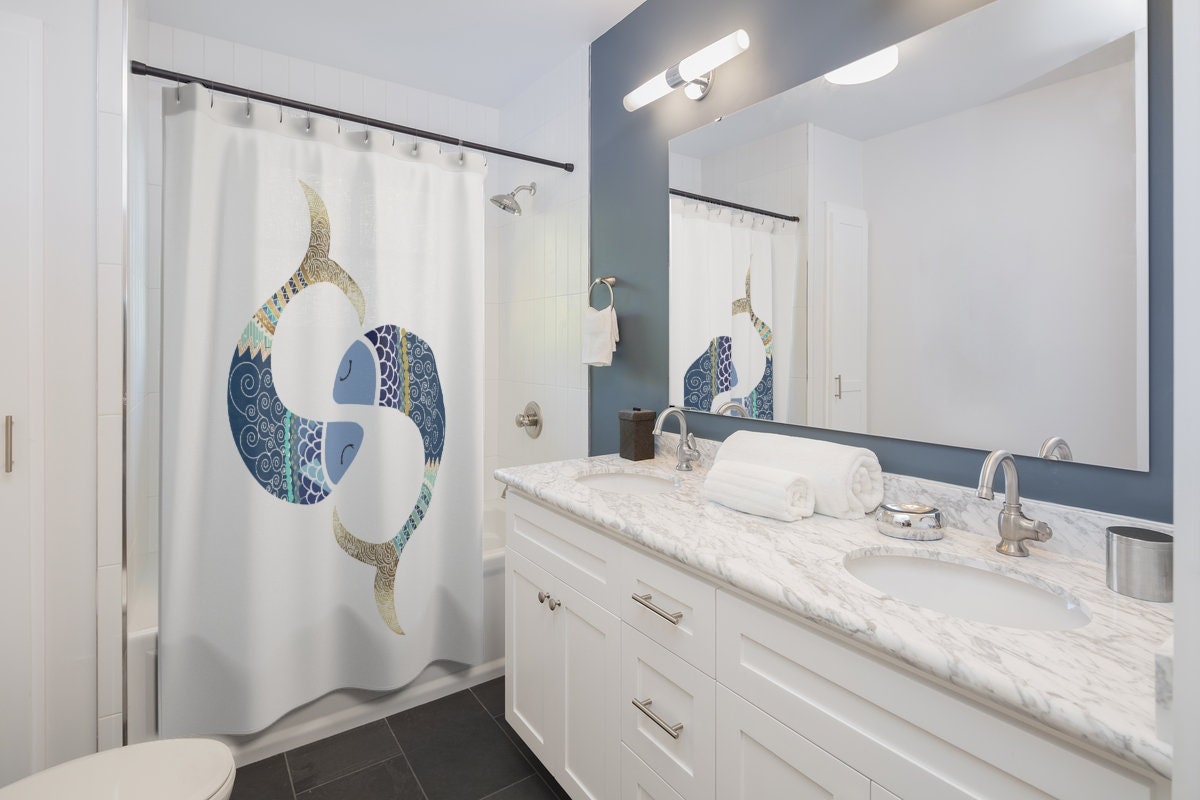 Hand Painted Ocean Sealife Fish Printed Shower Curtain For A Modern Coastal Bathroom Decor