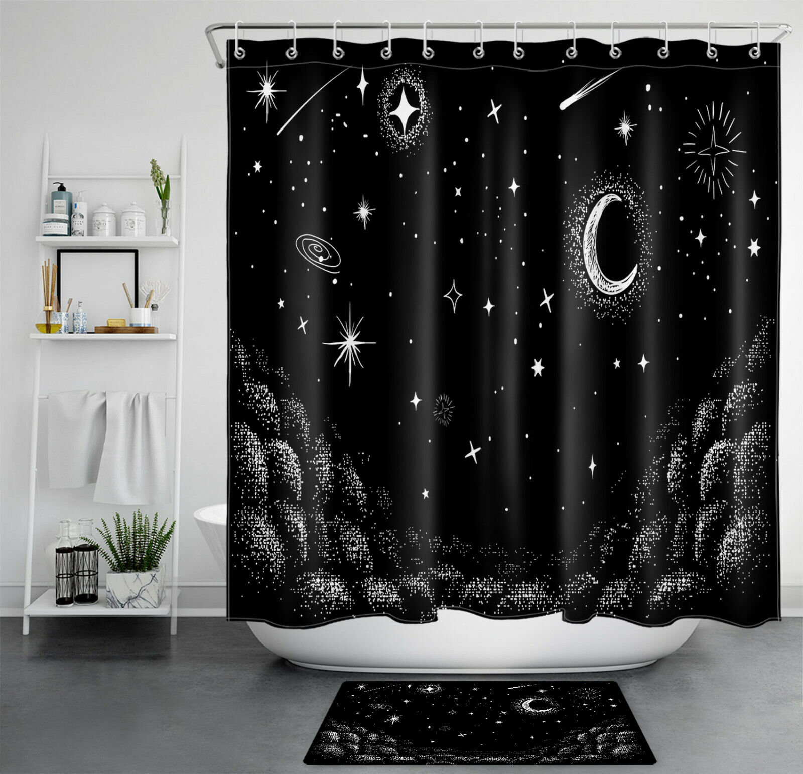 Hand Painted Stars And Moon Boho Shower Curtain For Bathroom