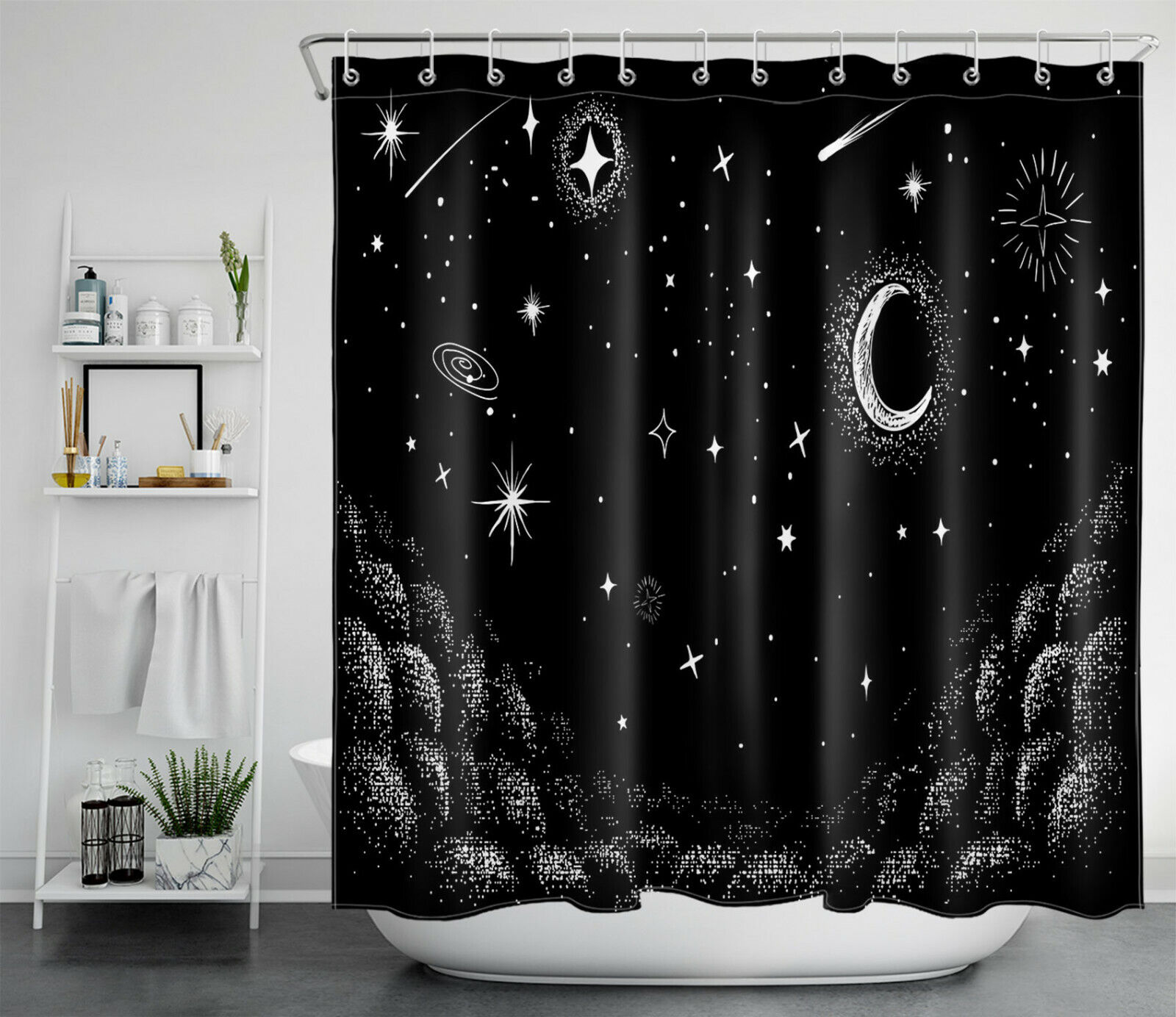 Hand Painted Stars And Moon Boho Shower Curtain For Bathroom - Image 2