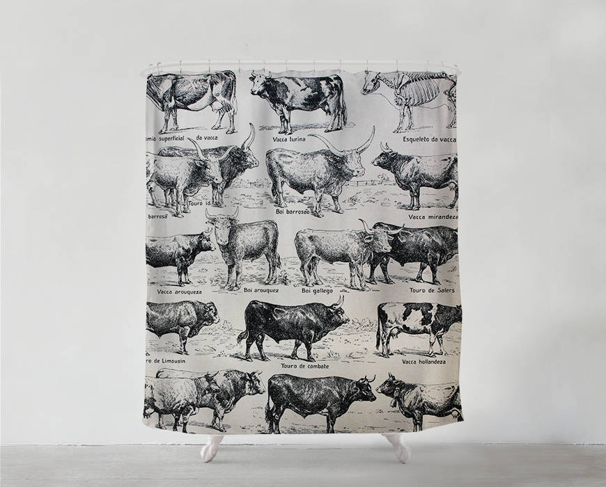 Hand-Drawn Cow Illustration Shower Curtain, Bohemian Home Decor