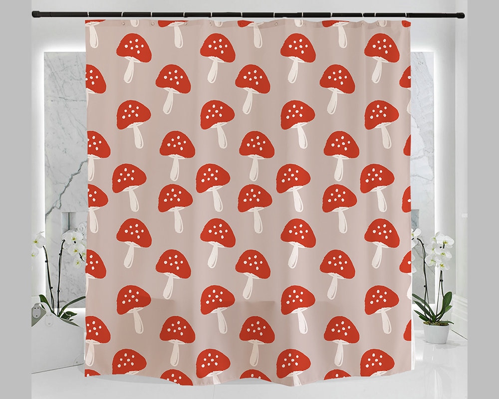 Hand-Drawn Cute Mushroom Print Shower Curtain, Trendy Modern Bath Accessory with Minimalist Geometric Design