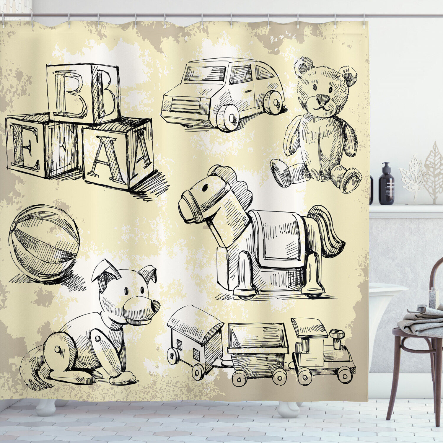 Hand-Drawn Teddy Bear Kids Shower Curtain For Adorable Bathroom Decor