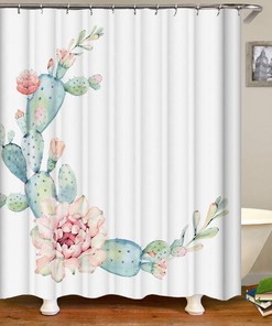 Hand-Painted Cactus Shower Curtain for Naturalist Bathroom Decor