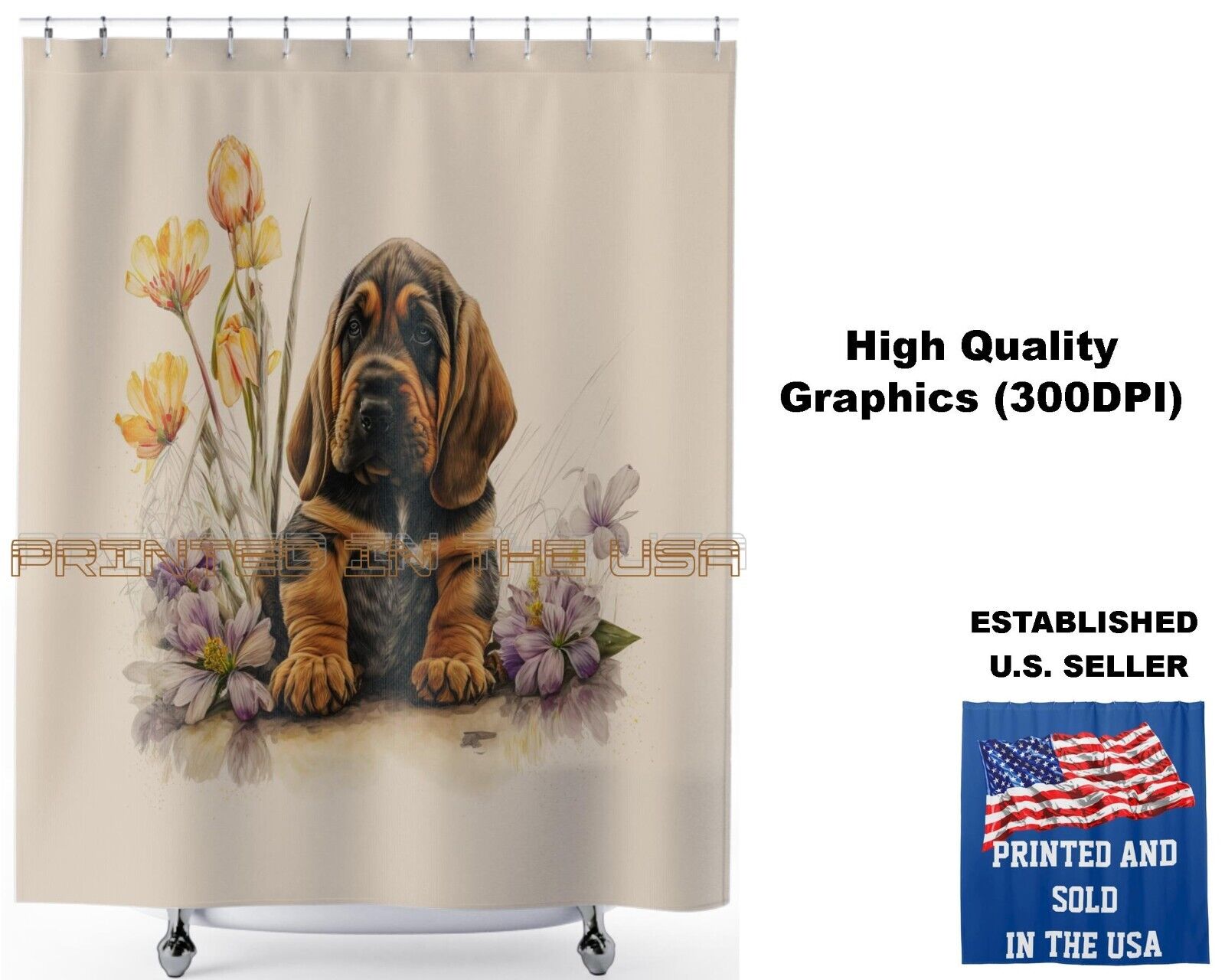 Hand-Painted Puppy Shower Curtain, Unique Bathroom Decor With Colorful Watercolor Art