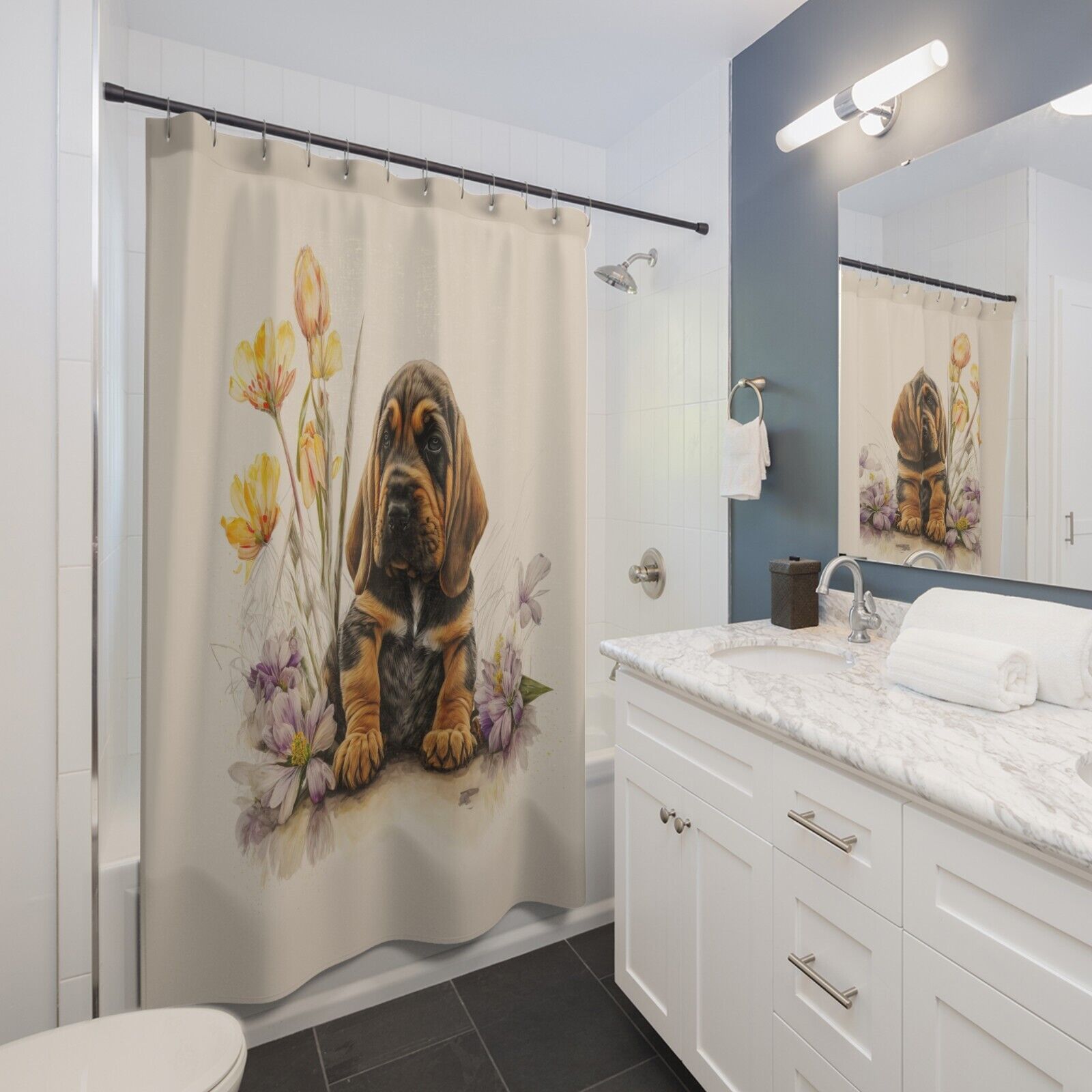 Hand-Painted Puppy Shower Curtain, Unique Bathroom Decor With Colorful Watercolor Art - Image 2