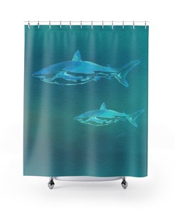 Hand-Painted Shark Motif Watercolor Print Shower Curtain in Deep Teal