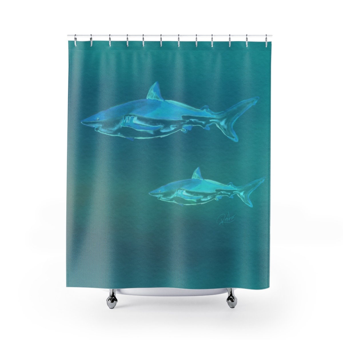 Hand-Painted Shark Motif Watercolor Print Shower Curtain in Deep Teal