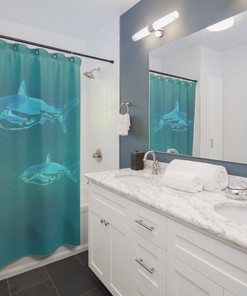Hand-Painted Shark Motif Watercolor Print Shower Curtain in Deep Teal