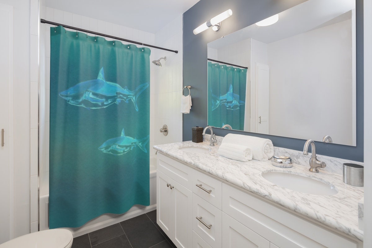 Hand-Painted Shark Motif Watercolor Print Shower Curtain in Deep Teal