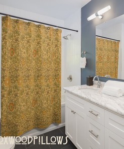 Handcrafted Arts&Crafts Flower Shower Curtain - Yellow Carnation And Rose Print, William Morris Boho Design