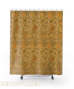 Handcrafted Arts&Crafts Flower Shower Curtain - Yellow Carnation And Rose Print, William Morris Boho Design