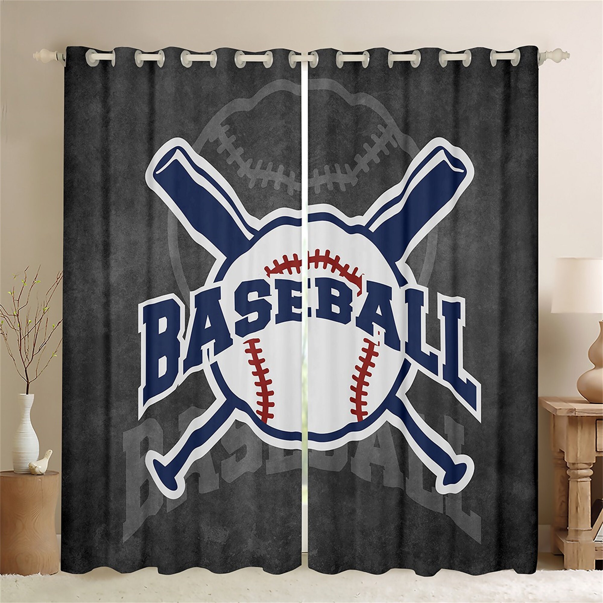 Handmade Baseball Window Curtains- Outdoor Gaming Themed Set Of 2 Panels