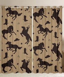 Handmade Horse Silhouette Window Curtains - Western Cowboy Retro Farm Animal Horseshoe Design 