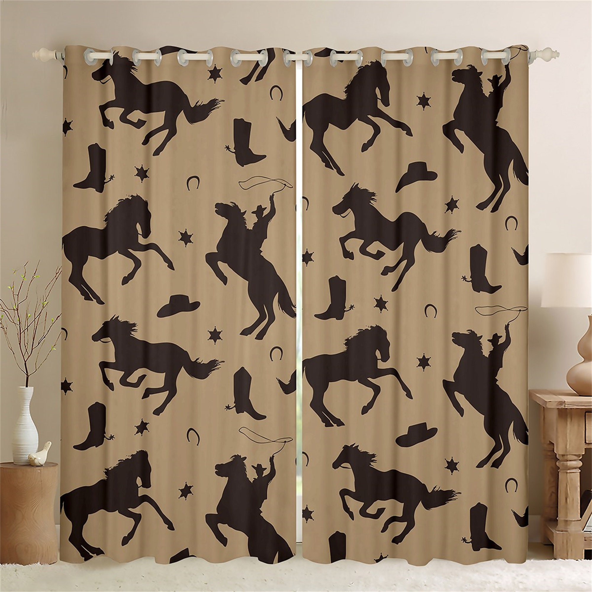 Handmade Horse Silhouette Window Curtains - Western Cowboy Retro Farm Animal Horseshoe Design