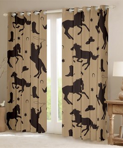 Handmade Horse Silhouette Window Curtains - Western Cowboy Retro Farm Animal Horseshoe Design