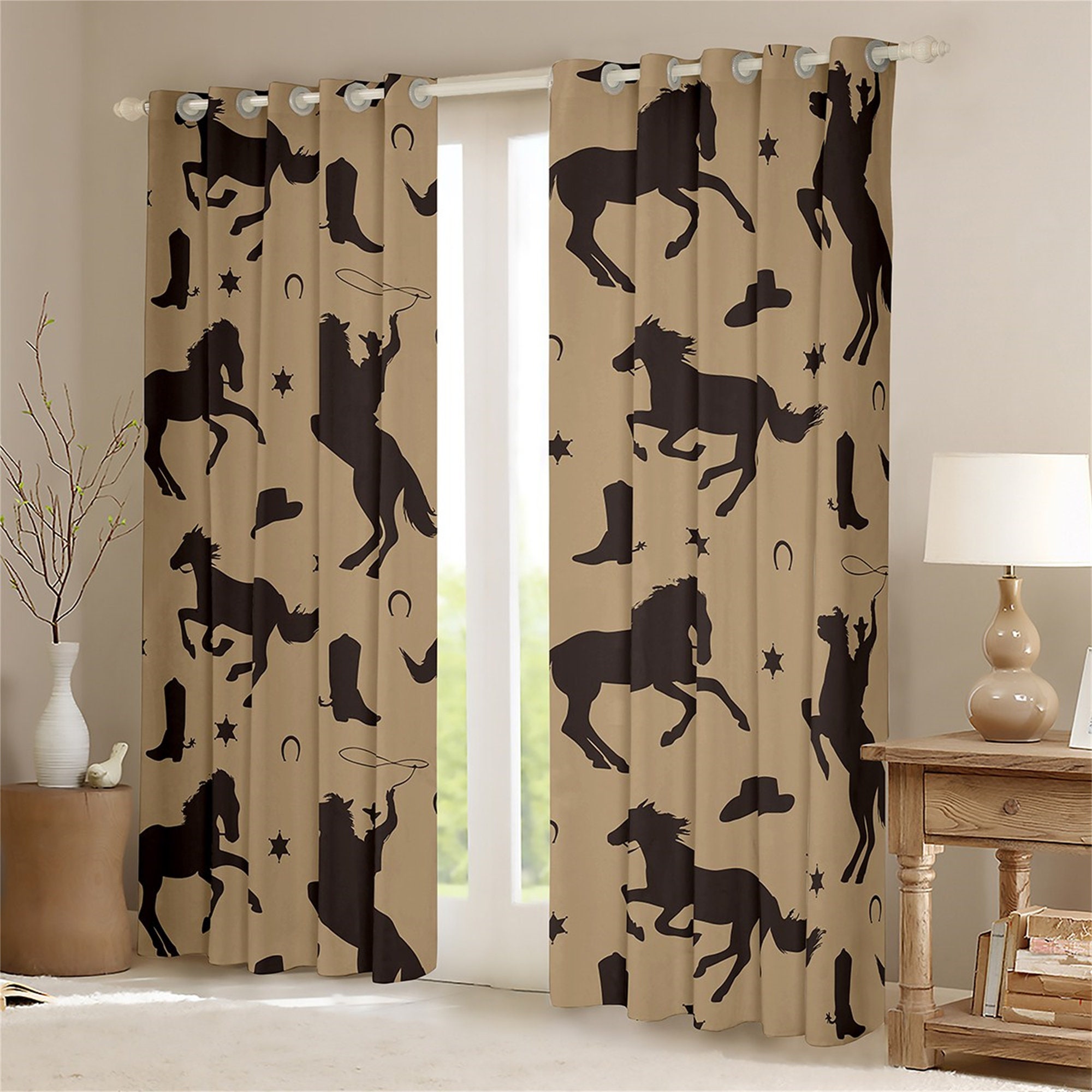 Handmade Horse Silhouette Window Curtains - Western Cowboy Retro Farm Animal Horseshoe Design